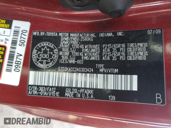 2010 Toyota Sienna with VIN 5TDZK4CC2AS303424, listed as a Copart auction lot 52880635 with 247,596 mi miles and Salvage Title. Bid and sale history available at DreamBid. Image 14.