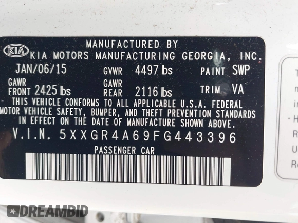 2015 Kia Optima SX Turbo with VIN 5XXGR4A69FG443396, listed as a IAAI auction lot 42464162 with 118,094 mi miles and . Bid and sale history available at DreamBid. Image 9.