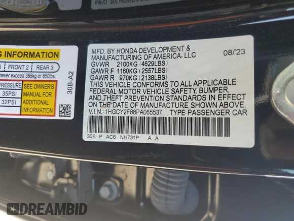 2023 Honda Accord Touring with VIN 1HGCY2F88PA065537, listed as a Copart auction lot 59341845 with 34,595 mi miles and Salvage title. Bid and sale history available at DreamBid. Image 12.