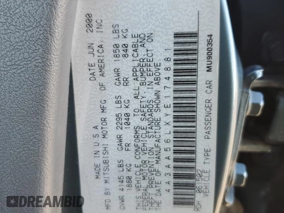 2000 Mitsubishi Galant LS with VIN 4A3AA56LXYE174881, listed as a Copart auction lot 79727154 with 106,001 mi miles and Salvage Title. Bid and sale history available at carsss.com. Image 12.