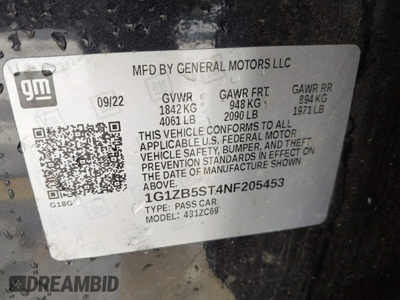 2022 Chevrolet Malibu LS with VIN 1G1ZB5ST4NF205453, listed as a IAAI auction lot 41925063 with 33,584 mi miles and . Bid and sale history available at DreamBid. Image 9.