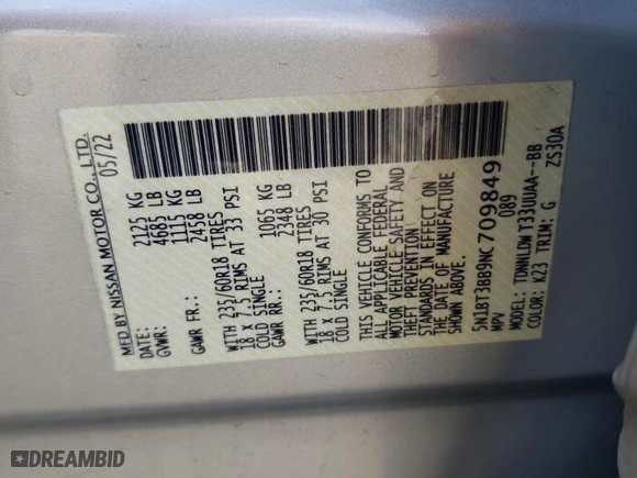 2022 Nissan Rogue SV with VIN 5N1BT3BB9NC709849, listed as a Copart auction lot 49849175 with 42,820 mi miles and Salvage Title. Bid and sale history available at carsss.com. Image 16.
