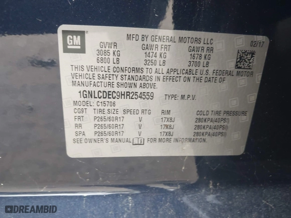 2017 Chevrolet Tahoe Commercial with VIN 1GNLCDEC9HR254559, listed as a IAAI auction lot 41923902 with 178,072 mi miles. Bid and sale history available at carsss.com. Image 9.