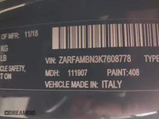 2019 Alfa Romeo Giulia Ti with VIN ZARFAMBN3K7608778, listed as a IAAI auction lot 41238451 with 1 mi miles. Bid and sale history available at carsss.com. Image 9.