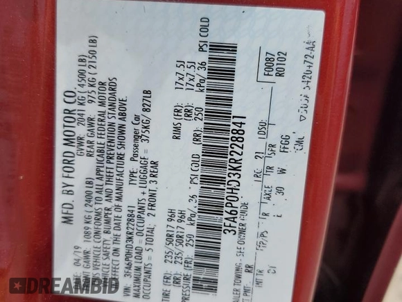 2019 Ford Fusion SE with VIN 3FA6P0HD3KR228841, listed as a Copart auction lot 53509655 with 111,984 mi miles and Salvage Title. Bid and sale history available at DreamBid. Image 12.