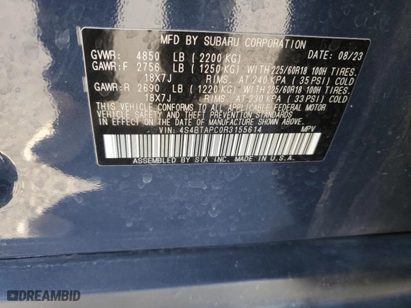 2024 Subaru Outback Touring with VIN 4S4BTAPC0R3155614, listed as a Copart auction lot 46944405 with 19,344 mi miles and Salvage Title. Bid and sale history available at carsss.com. Image 15.