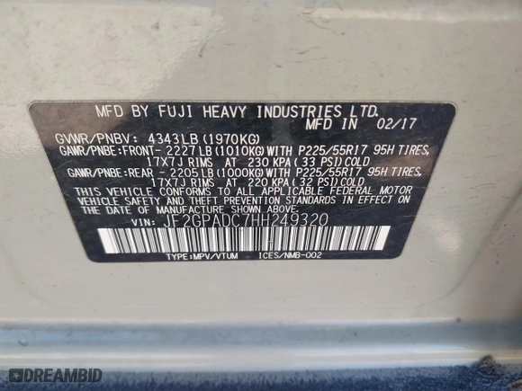2017 Subaru Crosstrek Premium with VIN JF2GPADC7HH249320, listed as a IAAI auction lot 41751231 with 85,935 mi miles. Bid and sale history available at carsss.com. Image 9.