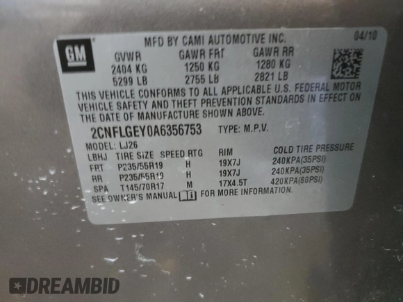 2010 Chevrolet Equinox LTZ z VIN 2CNFLGEY0A6356753, wystawiony jako Copart lot #56471355 z przebiegiem 181 220 mil mil oraz Szkoda całkowita • Salvage title. Historia ofert i sprzedaży dostępna na DreamBid. Obrazek 13.