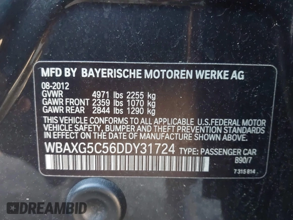 2013 BMW 5 Series 528i with VIN WBAXG5C56DDY31724, listed as a IAAI auction lot 41530179 with 117,876 mi miles and . Bid and sale history available at carsss.com. Image 9.