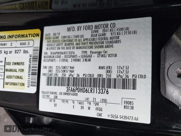 2020 Ford Fusion SE with VIN 3FA6P0HD6LR113376, listed as a IAAI auction lot 41797801 with 51,928 mi miles. Bid and sale history available at carsss.com. Image 9.