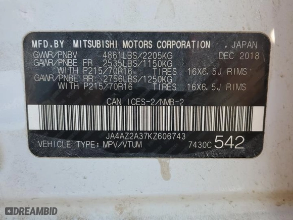 2019 Mitsubishi Outlander ES with VIN JA4AZ2A37KZ606743, listed as a Copart auction lot 52731335 with 236,103 mi miles and Salvage Title. Bid and sale history available at carsss.com. Image 13.