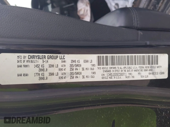 2014 Dodge Durango Limited with VIN 1C4RDJDG5EC593711, listed as a IAAI auction lot 42431980 with Not provided miles and . Bid and sale history available at DreamBid. Image 9.
