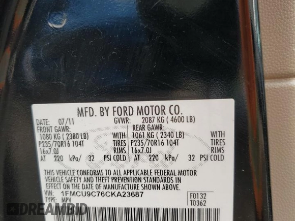 2012 Ford Escape XLS с VIN 1FMCU9C76CKA23687, выставлен на аукционе Copart как лот 55811985 с пробегом 147 845 миль миль и Списание • Salvage title. История ставок и продаж доступна на DreamBid. Изображение 13.