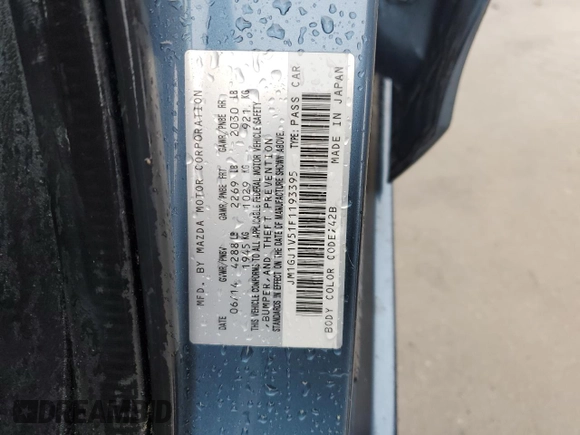 2015 Mazda 6 i Touring with VIN JM1GJ1V51F1193395, listed as a Copart auction lot 51529765 with Not Provided miles and Salvage Title. Bid and sale history available at DreamBid. Image 12.