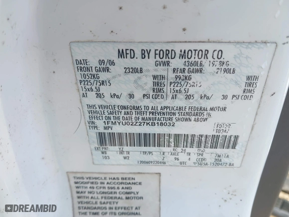 2007 Ford Escape XLS with VIN 1FMYU02Z27KB18032, listed as a IAAI auction lot 42047295 with 163,348 mi miles. Bid and sale history available at carsss.com. Image 9.