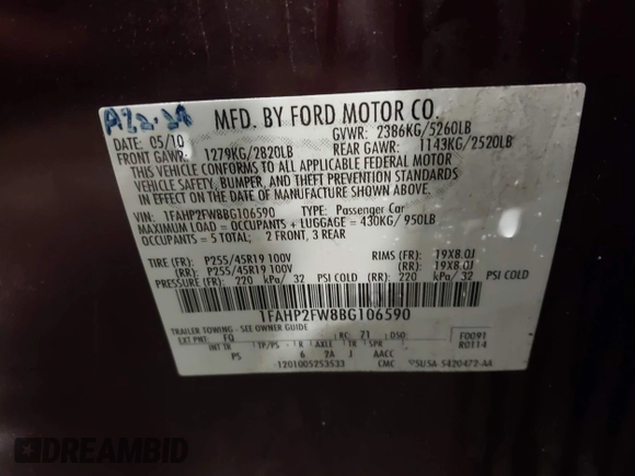 2011 Ford Taurus Limited с VIN 1FAHP2FW8BG106590, выставлен на аукционе IAAI как лот 42022354 с пробегом 107 586 миль миль и . История ставок и продаж доступна на DreamBid. Изображение 9.