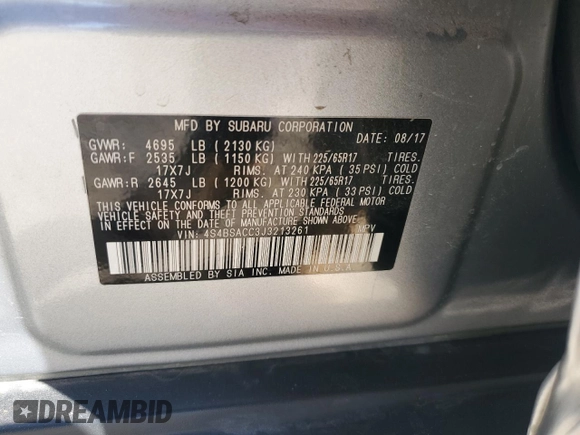 2018 Subaru Outback Premium with VIN 4S4BSACC3J3213261, listed as a Copart auction lot 60062995 with 86,525 mi miles and Salvage title. Bid and sale history available at DreamBid. Image 13.