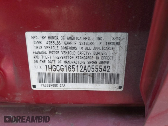 2002 Honda Accord EX z VIN 1HGCG16512A055542, wystawiony jako IAAI lot #42121839 z przebiegiem 196 264 mil mil oraz . Historia ofert i sprzedaży dostępna na DreamBid. Obrazek 9.