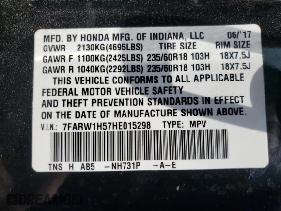 2017 Honda CR-V EX with VIN 7FARW1H57HE015298, listed as a Copart auction lot 52904965 with 105,348 mi miles and Non Repairable. Bid and sale history available at carsss.com. Image 14.