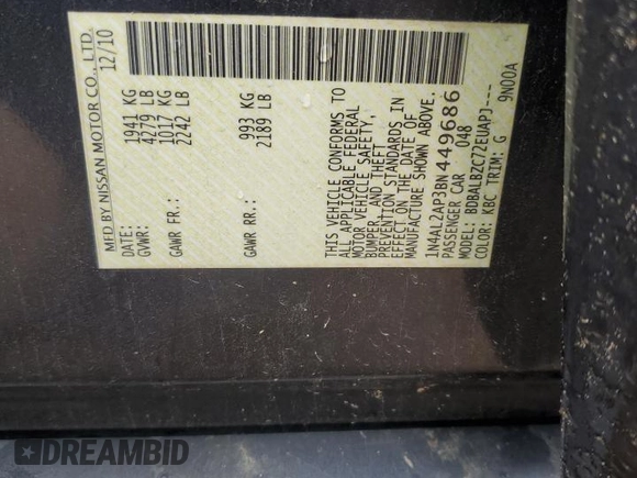 2011 Nissan Altima S with VIN 1N4AL2AP3BN449686, listed as a Copart auction lot 60890735 with 177,689 mi miles and Salvage title. Bid and sale history available at DreamBid. Image 13.