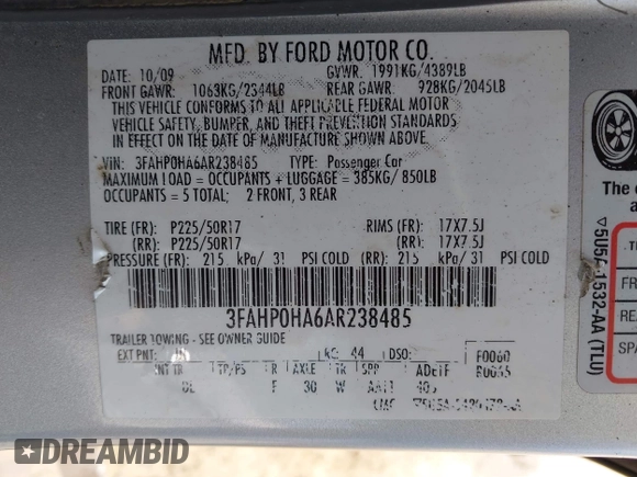 2010 Ford Fusion SE z VIN 3FAHP0HA6AR238485, wystawiony jako IAAI lot #42237682 z przebiegiem 147 260 mil mil oraz . Historia ofert i sprzedaży dostępna na DreamBid. Obrazek 9.