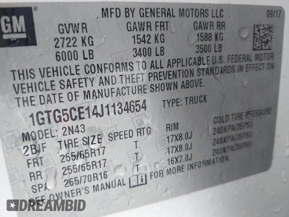 2018 GMC Canyon z VIN 1GTG5CE14J1134654, wystawiony jako IAAI lot #42203541 z przebiegiem 147 881 mil mil oraz . Historia ofert i sprzedaży dostępna na DreamBid. Obrazek 9.