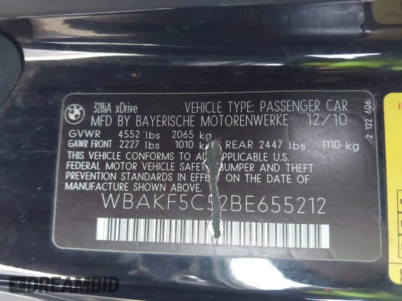 2011 BMW 3 Series 328i xDrive with VIN WBAKF5C52BE655212, listed as a IAAI auction lot 41802186 with 185,014 mi miles. Bid and sale history available at carsss.com. Image 9.
