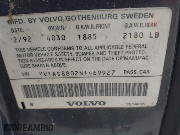 1992 Volvo 240 z VIN YV1AS8802N1469927, wystawiony jako IAAI lot #41927549 z przebiegiem 244 093 mil mil oraz . Historia ofert i sprzedaży dostępna na DreamBid. Obrazek 9.