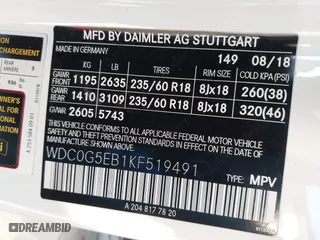 2019 Mercedes-Benz GLC with VIN WDC0G5EB1KF519491, listed as a IAAI auction lot 41858783 with 48,561 mi miles. Bid and sale history available at carsss.com. Image 9.