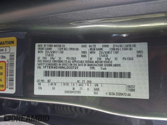 2022 Ford Ranger XL z VIN 1FTER4EH9NLD33725, wystawiony jako IAAI lot #42136001 z przebiegiem 63 667 mil mil oraz . Historia ofert i sprzedaży dostępna na DreamBid. Obrazek 9.