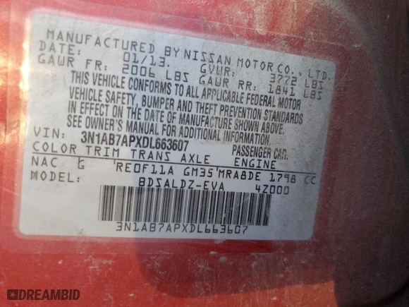 2013 Nissan Sentra SR with VIN 3N1AB7APXDL663607, listed as a Copart auction lot 87771005 with 227,132 mi miles and Clean Title. Bid and sale history available at carsss.com. Image 12.