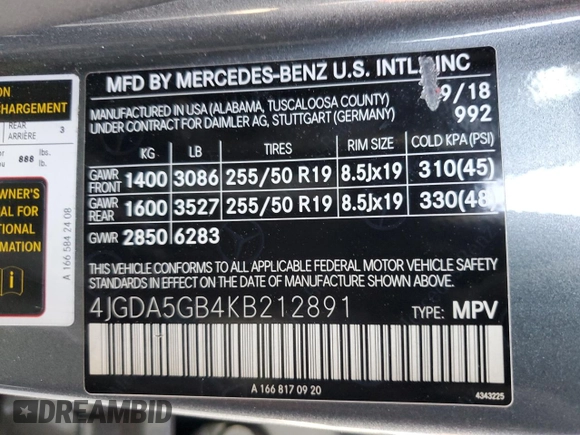 2019 Mercedes-Benz GLE 400 with VIN 4JGDA5GB4KB212891, listed as a Copart auction lot 51730735 with 77,710 mi miles and Salvage title. Bid and sale history available at DreamBid. Image 13.