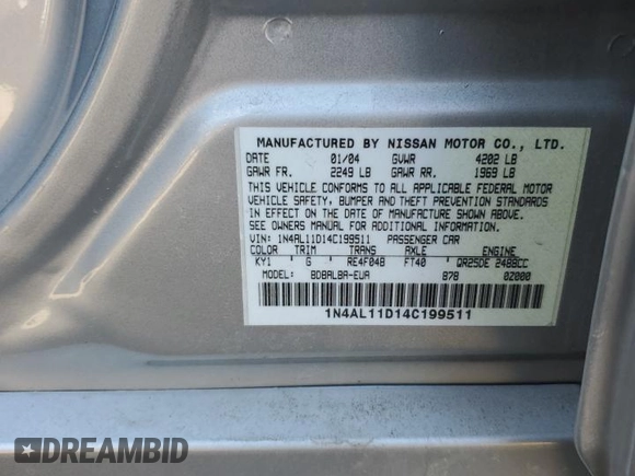2004 Nissan Altima S with VIN 1N4AL11D14C199511, listed as a Copart auction lot 47296035 with 192,309 mi miles and Salvage Title. Bid and sale history available at carsss.com. Image 14.