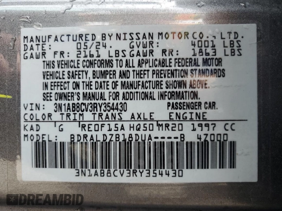 2024 Nissan Sentra SV with VIN 3N1AB8CV3RY354430, listed as a Copart auction lot 62773345 with 19,311 mi miles and Non repairable. Bid and sale history available at DreamBid. Image 12.