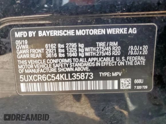 2019 BMW X5 xDrive40i with VIN 5UXCR6C54KLL35873, listed as a Copart auction lot 64989745 with 129,538 mi miles and Salvage title. Bid and sale history available at DreamBid. Image 13.