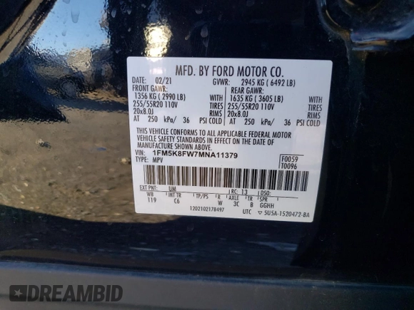 2021 Ford Explorer Limited with VIN 1FM5K8FW7MNA11379, listed as a Copart auction lot 51125115 with 48,455 mi miles and Salvage Title. Bid and sale history available at carsss.com. Image 12.