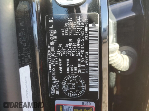 2018 Kia Sorento SX with VIN 5XYPKDA55JG371984, listed as a Copart auction lot 76609074 with 88,350 mi miles and Salvage Title. Bid and sale history available at DreamBid. Image 14.