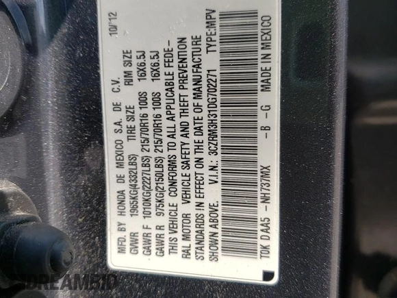 2013 Honda CR-V LX with VIN 3CZRM3H31DG702271, listed as a Copart auction lot 64128563 with 88,627 mi miles and Non Repairable. Bid and sale history available at carsss.com. Image 13.
