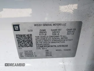 2019 Chevrolet Traverse LT Cloth with VIN 1GNERGKW7KJ203638, listed as a IAAI auction lot 41852018 with 98,677 mi miles. Bid and sale history available at carsss.com. Image 9.