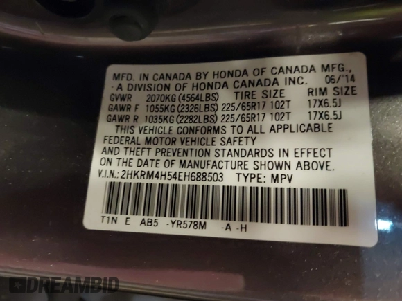 2014 Honda CR-V EX with VIN 2HKRM4H54EH688503, listed as a IAAI auction lot 41764299 with 145,295 mi miles and . Bid and sale history available at DreamBid. Image 9.