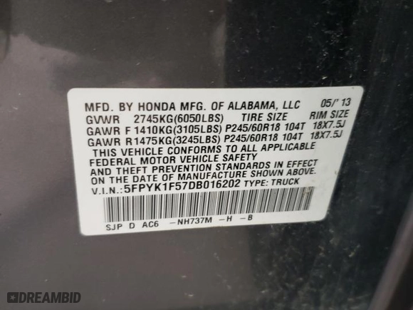 2013 Honda Ridgeline RTL with VIN 5FPYK1F57DB016202, listed as a Copart auction lot 48349095 with 35,880 mi miles and Salvage Title. Bid and sale history available at carsss.com. Image 12.