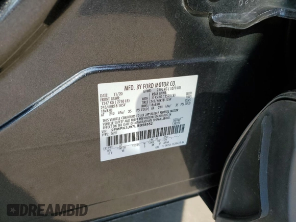 2020 Ford Edge SEL с VIN 2FMPK3J97LBB58552, выставлен на аукционе Copart как лот 58472995 с пробегом 71 387 миль миль и Списание • Salvage title. История ставок и продаж доступна на DreamBid. Изображение 13.