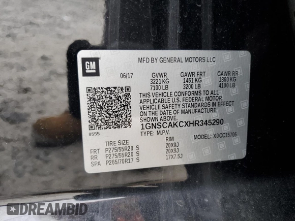 2017 Chevrolet Tahoe LS with VIN 1GNSCAKCXHR345290, listed as a Copart auction lot 53790035 with 134,212 mi miles and Salvage title. Bid and sale history available at DreamBid. Image 13.
