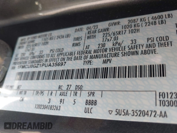 2023 Ford Escape Active with VIN 1FMCU0GZ1PUA35697, listed as a IAAI auction lot 41886290 with 82,824 mi miles and . Bid and sale history available at DreamBid. Image 9.