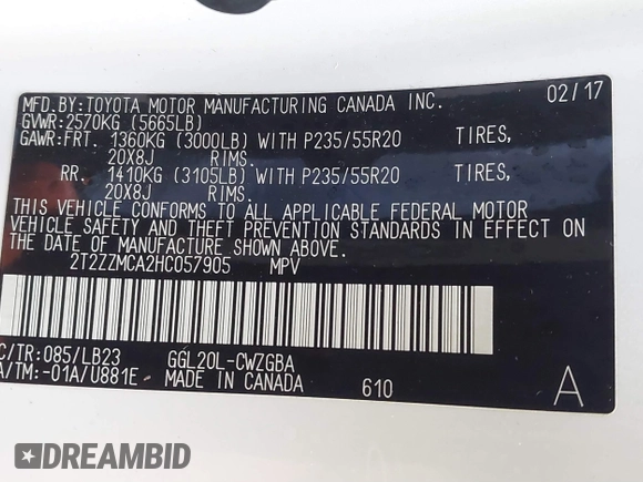 2017 Lexus RX 350 with VIN 2T2ZZMCA2HC057905, listed as a IAAI auction lot 41092956 with 94,028 mi miles and . Bid and sale history available at DreamBid. Image 9.