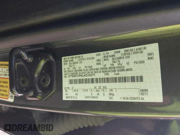 2020 Ford F-150 XL z VIN 1FTEW1CP8LKD16371, wystawiony jako IAAI lot #41805570 z przebiegiem 107 783 mil mil oraz . Historia ofert i sprzedaży dostępna na DreamBid. Obrazek 9.