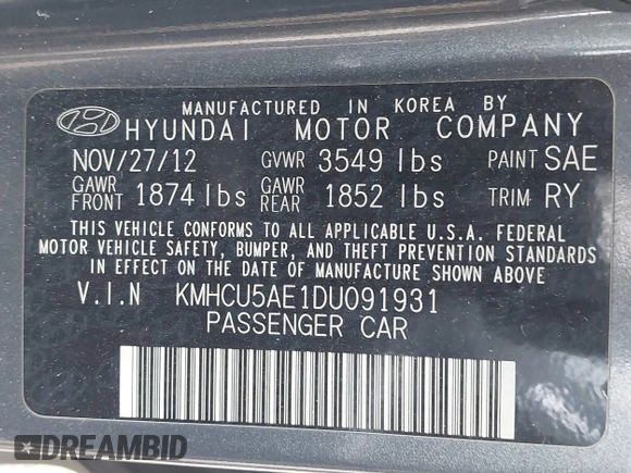 2013 Hyundai Accent SE with VIN KMHCU5AE1DU091931, listed as a IAAI auction lot 41783034 with 72,732 mi miles. Bid and sale history available at carsss.com. Image 9.