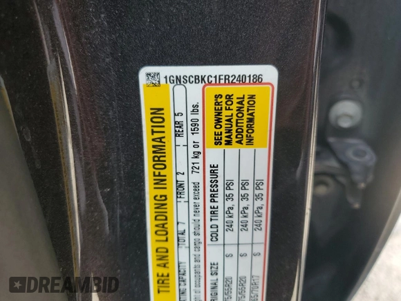 2015 Chevrolet Tahoe LT with VIN 1GNSCBKC1FR240186, listed as a Copart auction lot 64741425 with 110,357 mi miles and Salvage title. Bid and sale history available at DreamBid. Image 14.