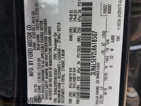2020 Lincoln MKZ Reserve с VIN 3LN6L5E92LR618507, выставлен на аукционе Copart как лот 50417205 с пробегом 57 220 миль миль и Списание • Salvage title. История ставок и продаж доступна на DreamBid. Изображение 12.