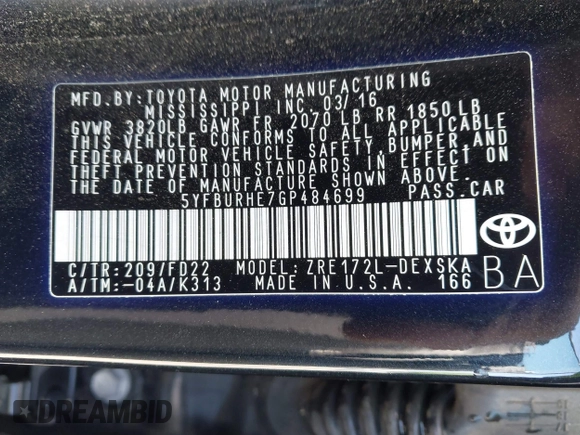 2016 Toyota Corolla L с VIN 5YFBURHE7GP484699, выставлен на аукционе IAAI как лот 42222417 с пробегом 108 534 миль миль и . История ставок и продаж доступна на DreamBid. Изображение 9.